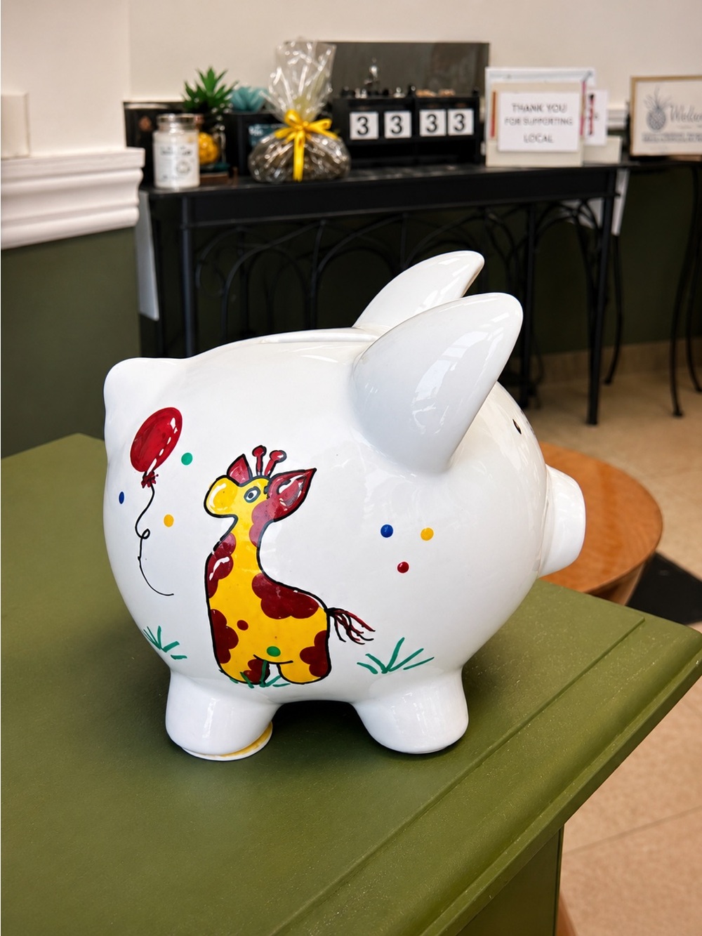 Hand Painted White Piggy Bank with Giraffe & Elephant Design